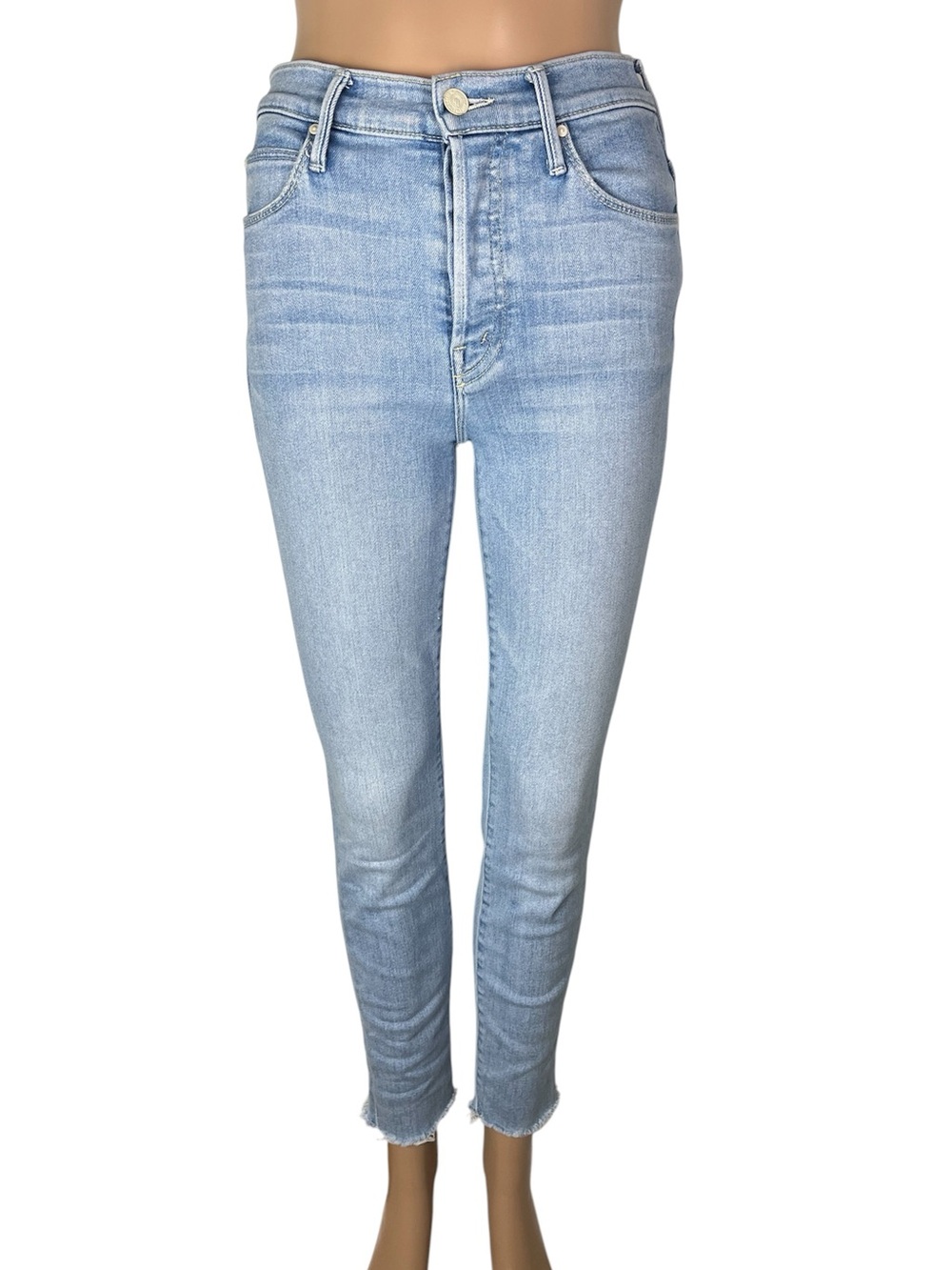 Mother The Stunner Ankle Fray Raw Hem Light Wash Mid Rise Stretch Skinny Jeans